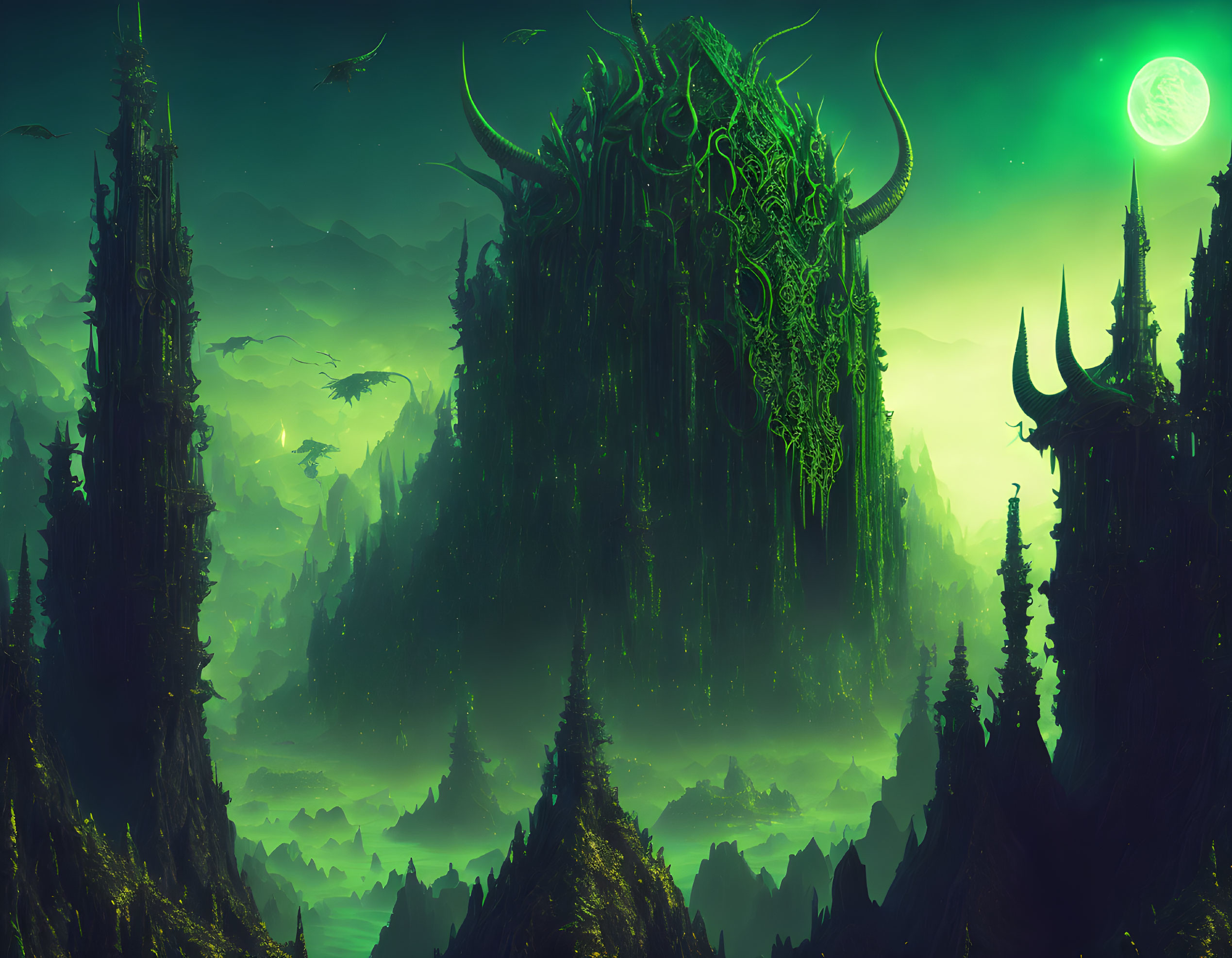 Fantastical green landscape with spire-like structures and mythical creature under glowing moon