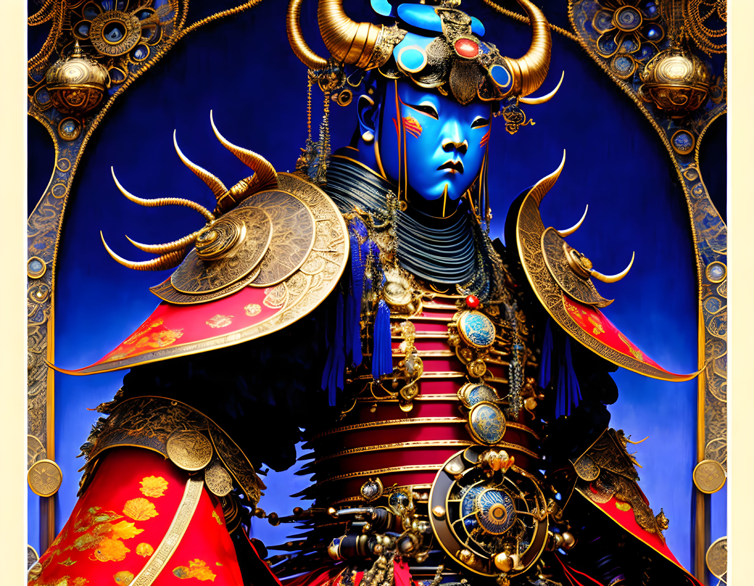 Colorful digital artwork: Figure in red and gold armor against blue sky