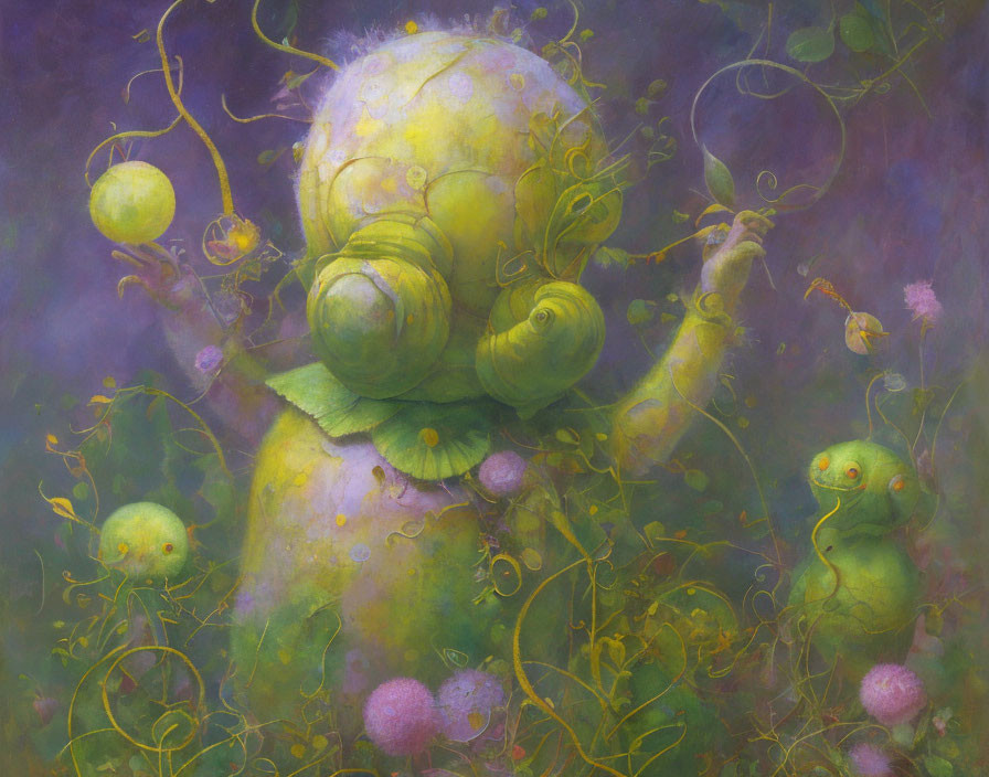 Green humanoid with spiraled features in dreamy purple environment