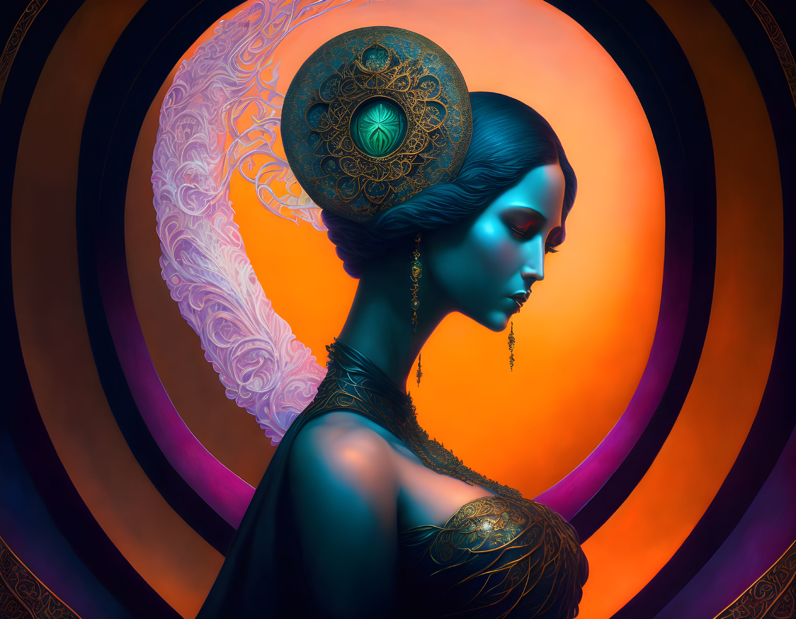 Profile view of woman with blue skin and ornate gold headdress in swirling orange and blue tones