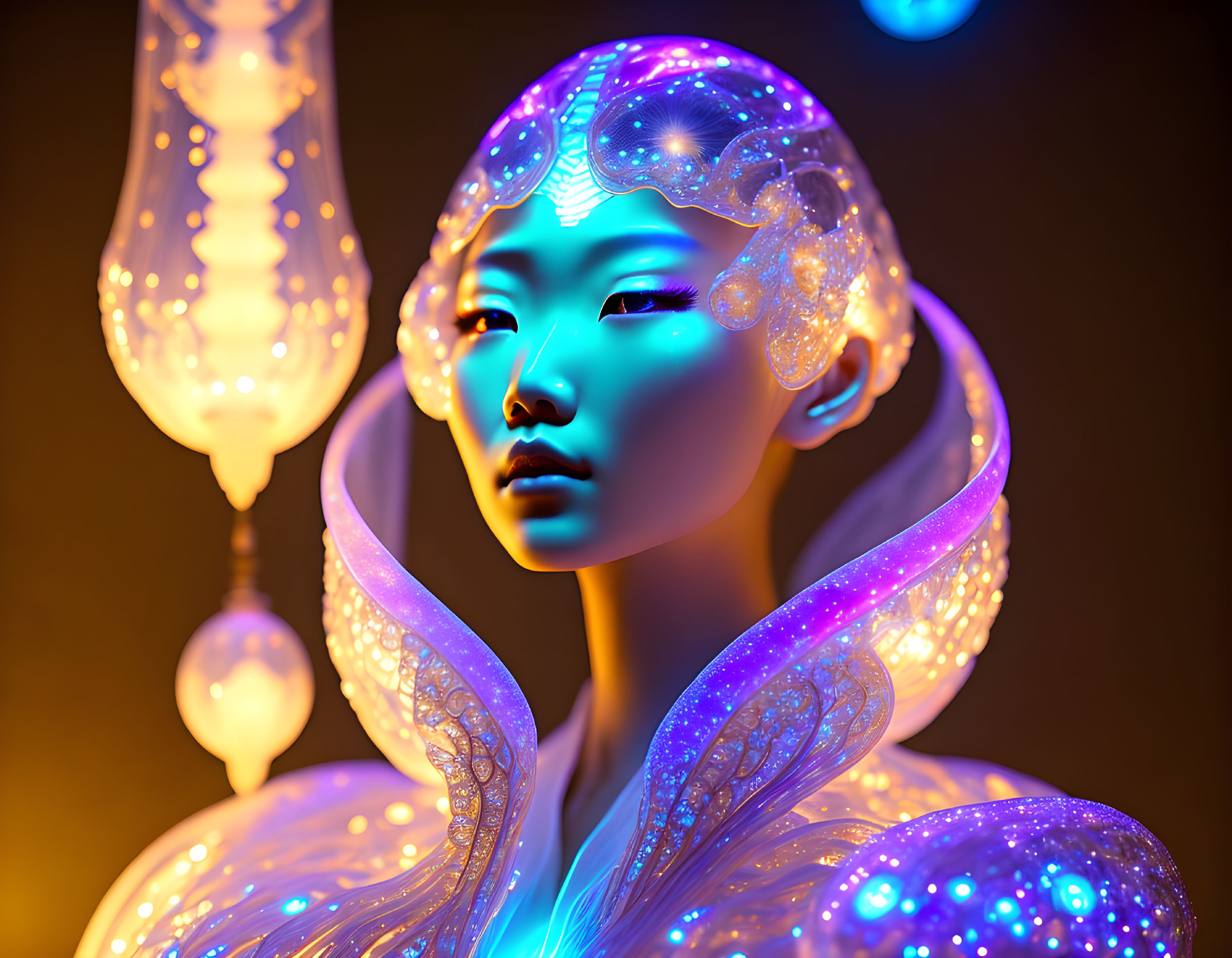 Glowing futuristic woman with patterned skin and intricate headdress surrounded by floating lights