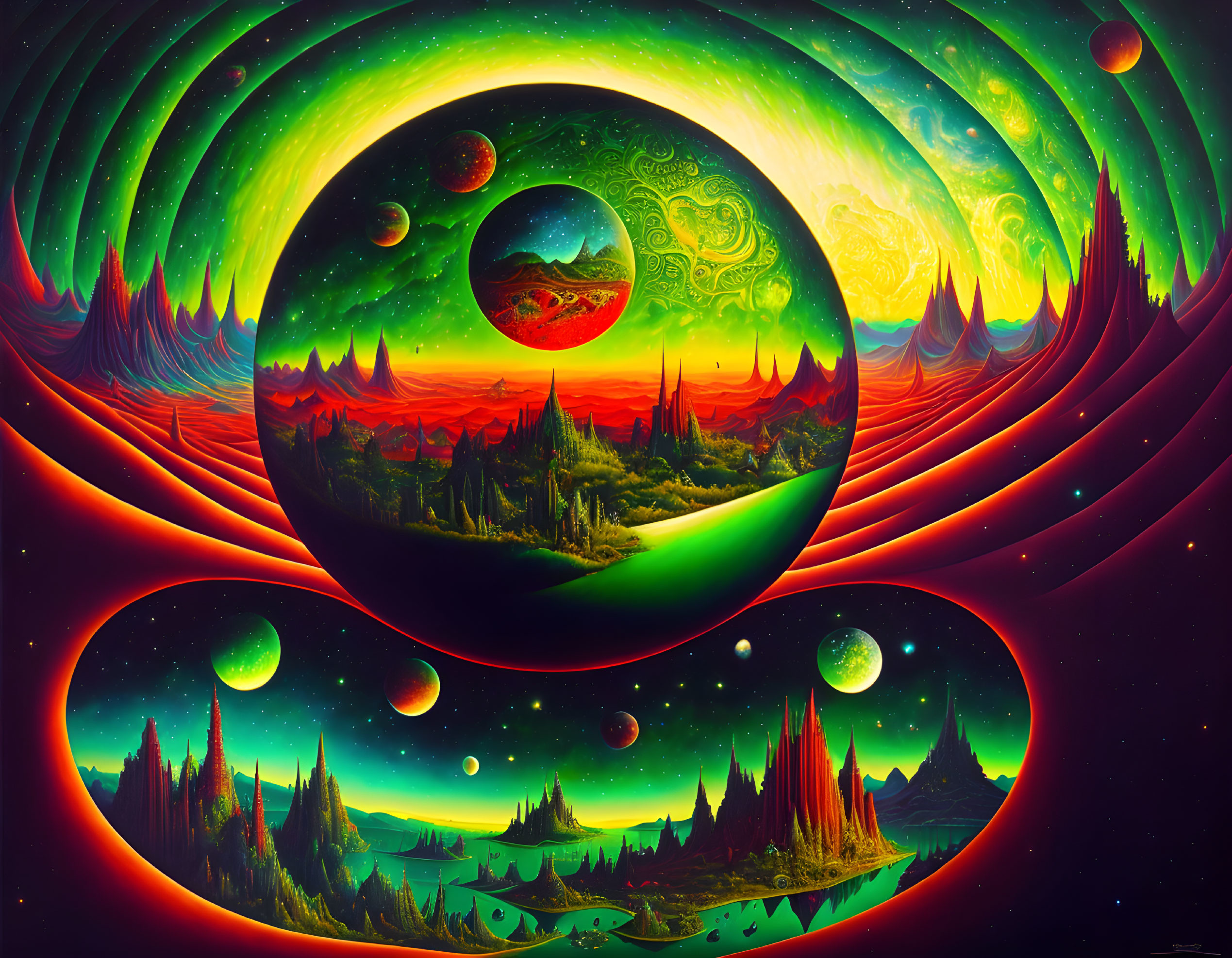 Colorful Surreal Landscape with Celestial Bodies and Fantastical Terrain