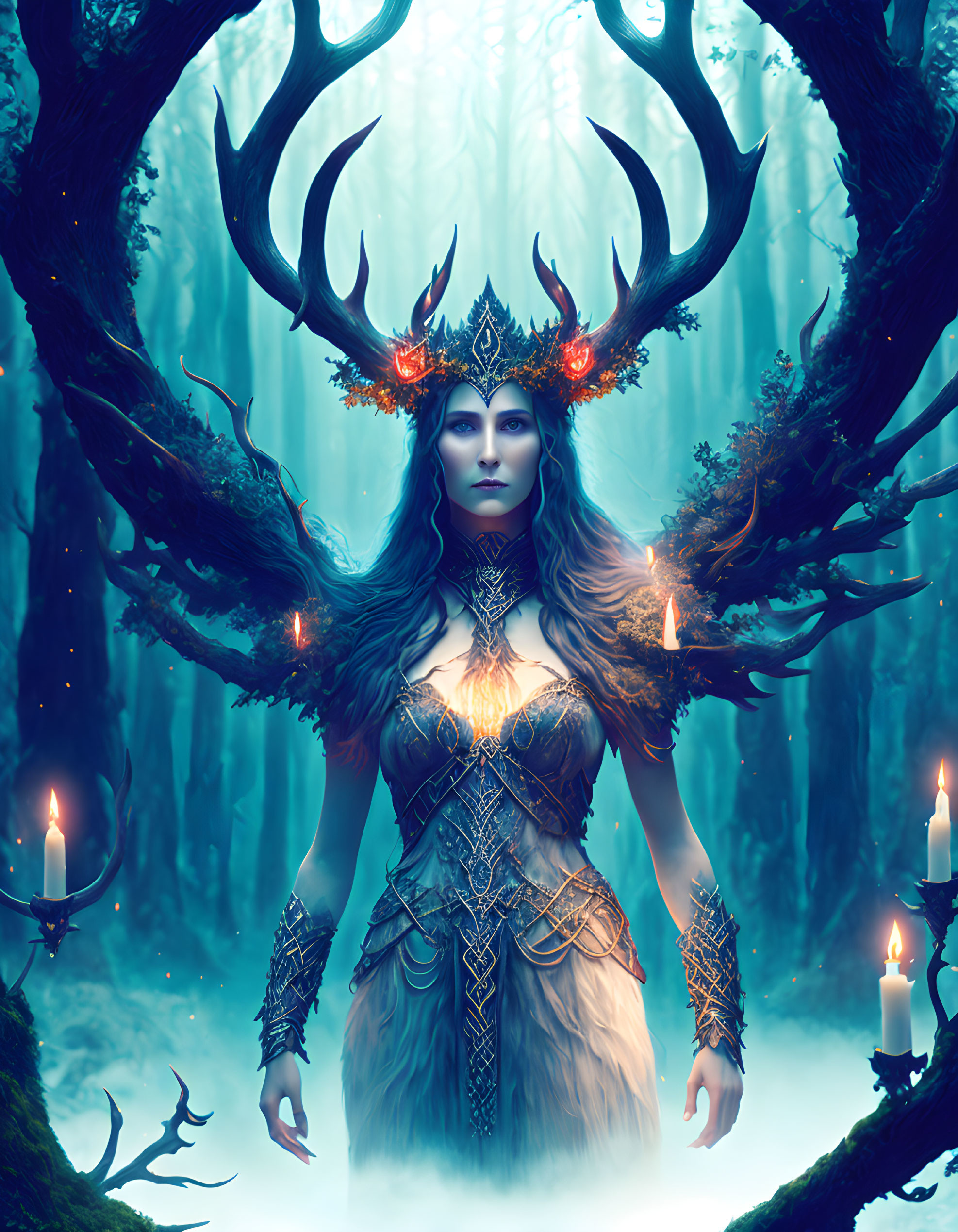 Mystical forest queen with antler crown and glowing candles