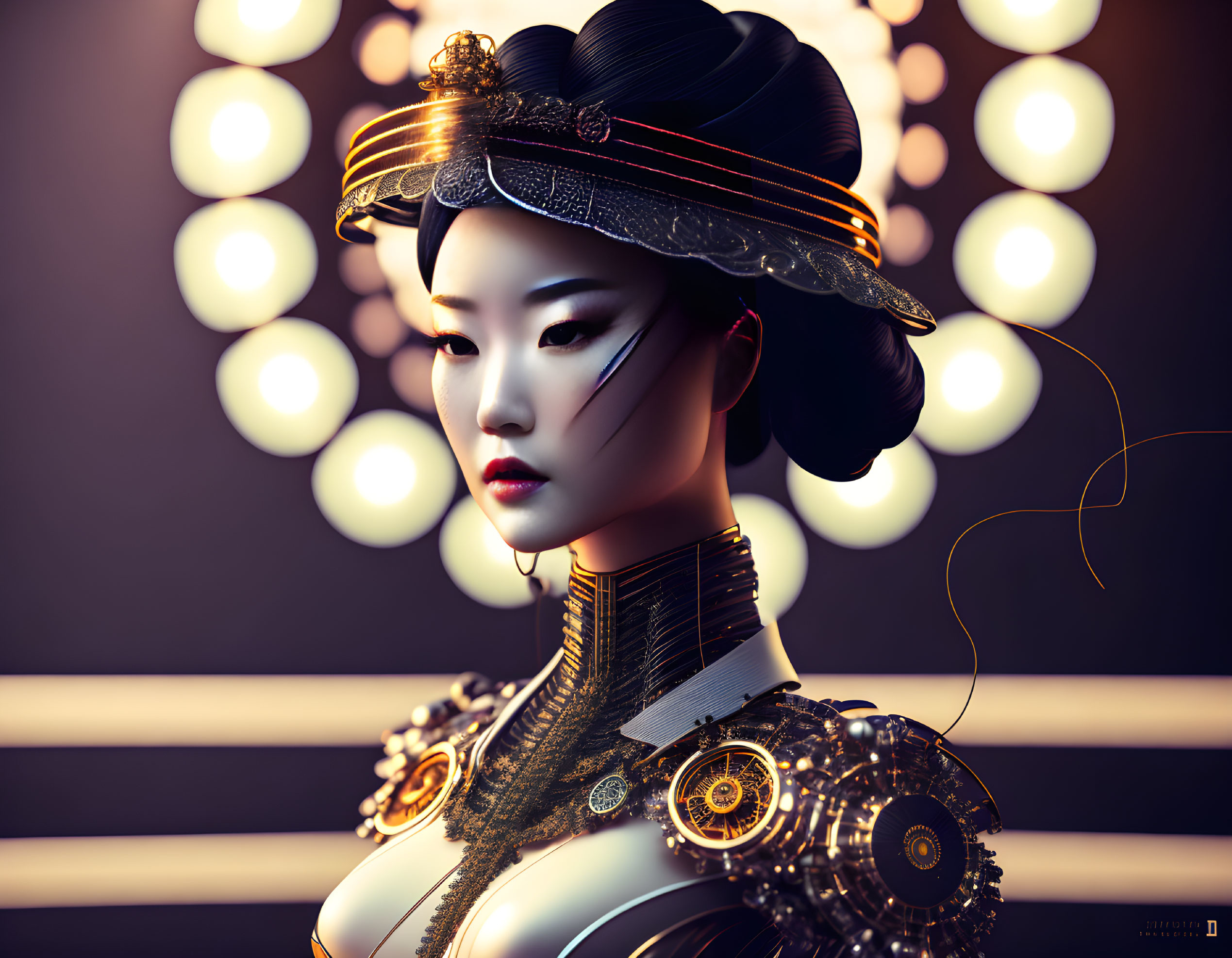 Elaborate 3D illustration of woman with golden mechanical accessories