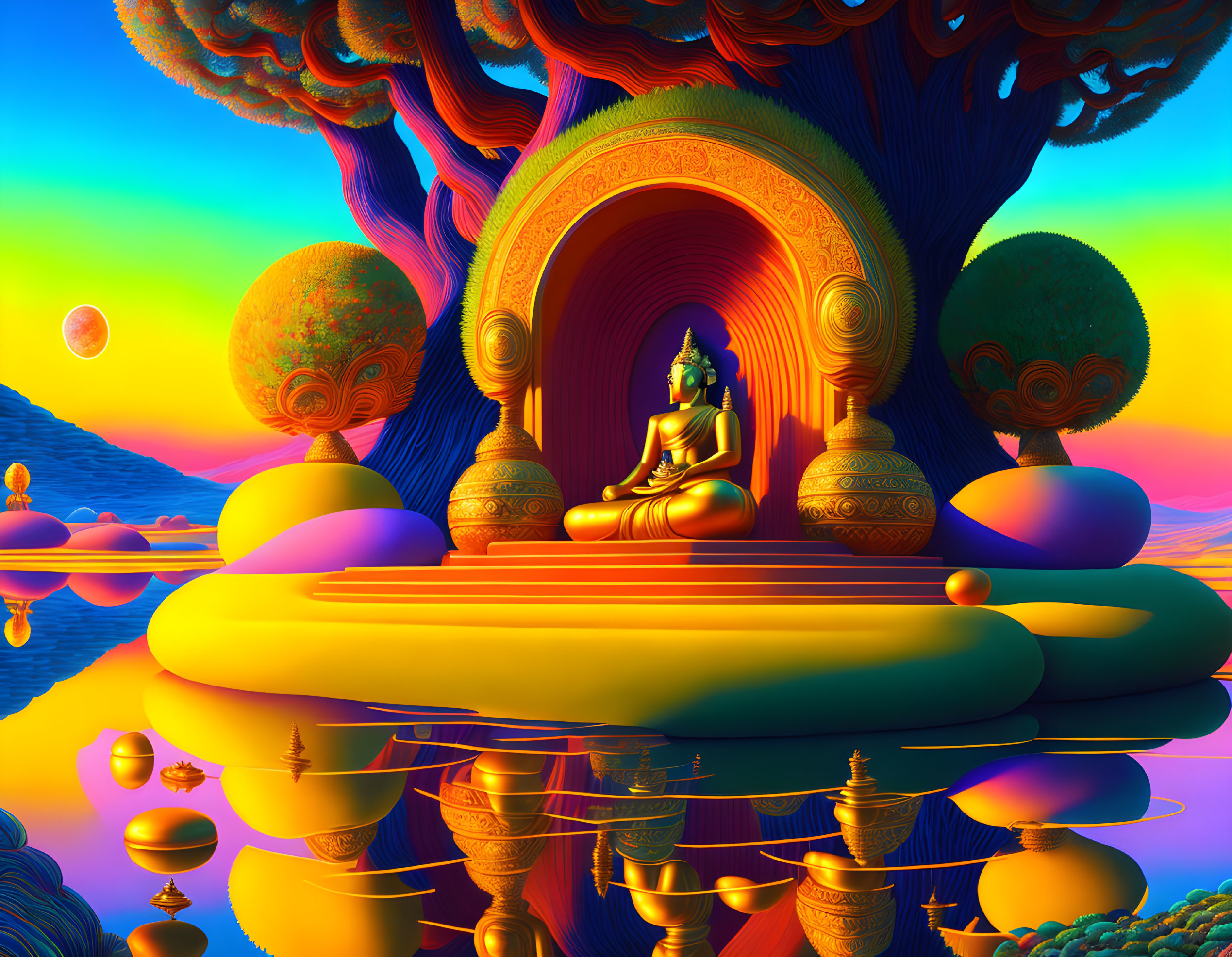 Colorful digital artwork: Golden Buddha statue under tree with spheres in warm landscape