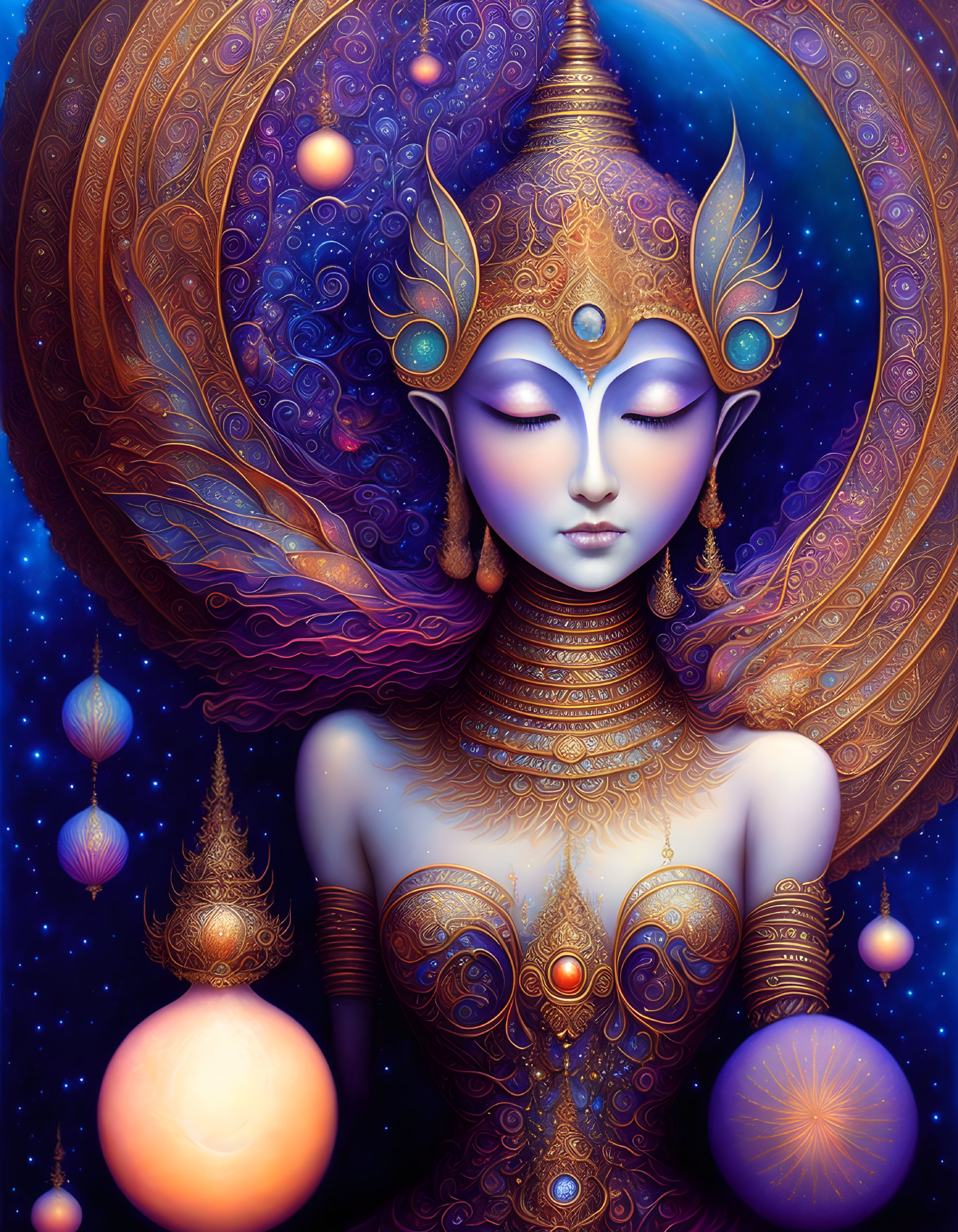 Celestial female figure with gold and violet adornments in cosmic setting