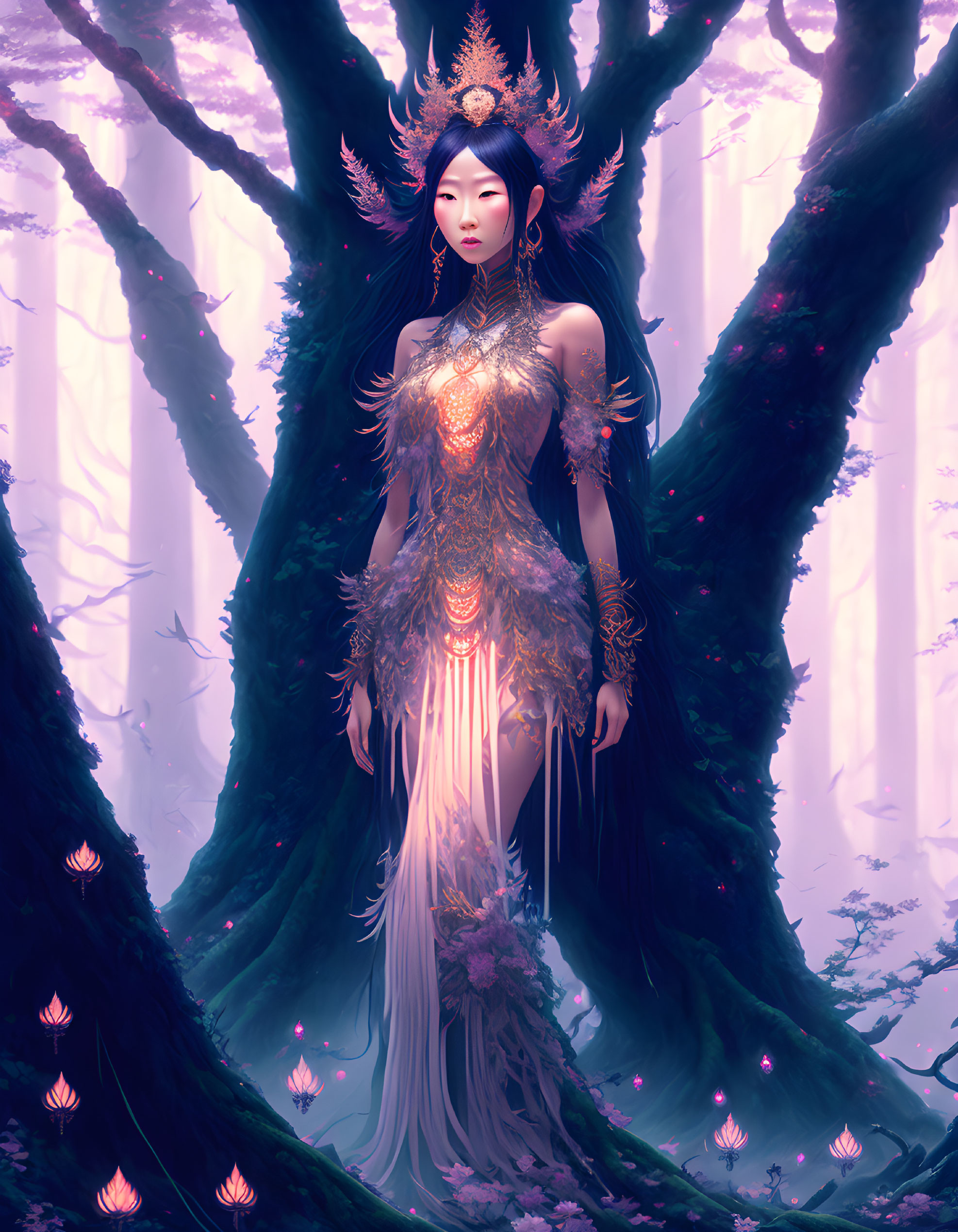 Regal figure in gold and foliage dress in mystical forest