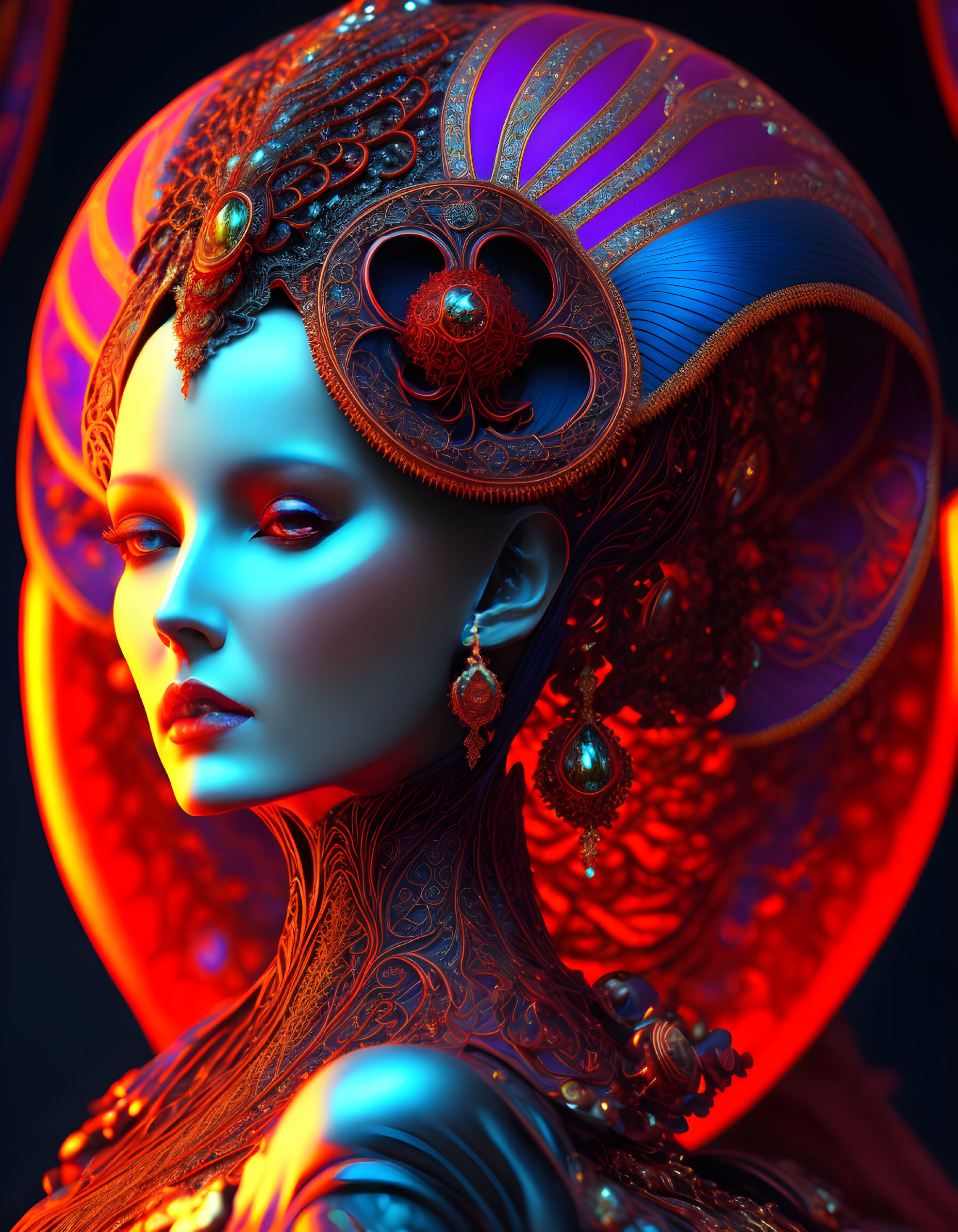 Detailed Futuristic Female Avatar with Ornate Headgear & Glowing Highlights