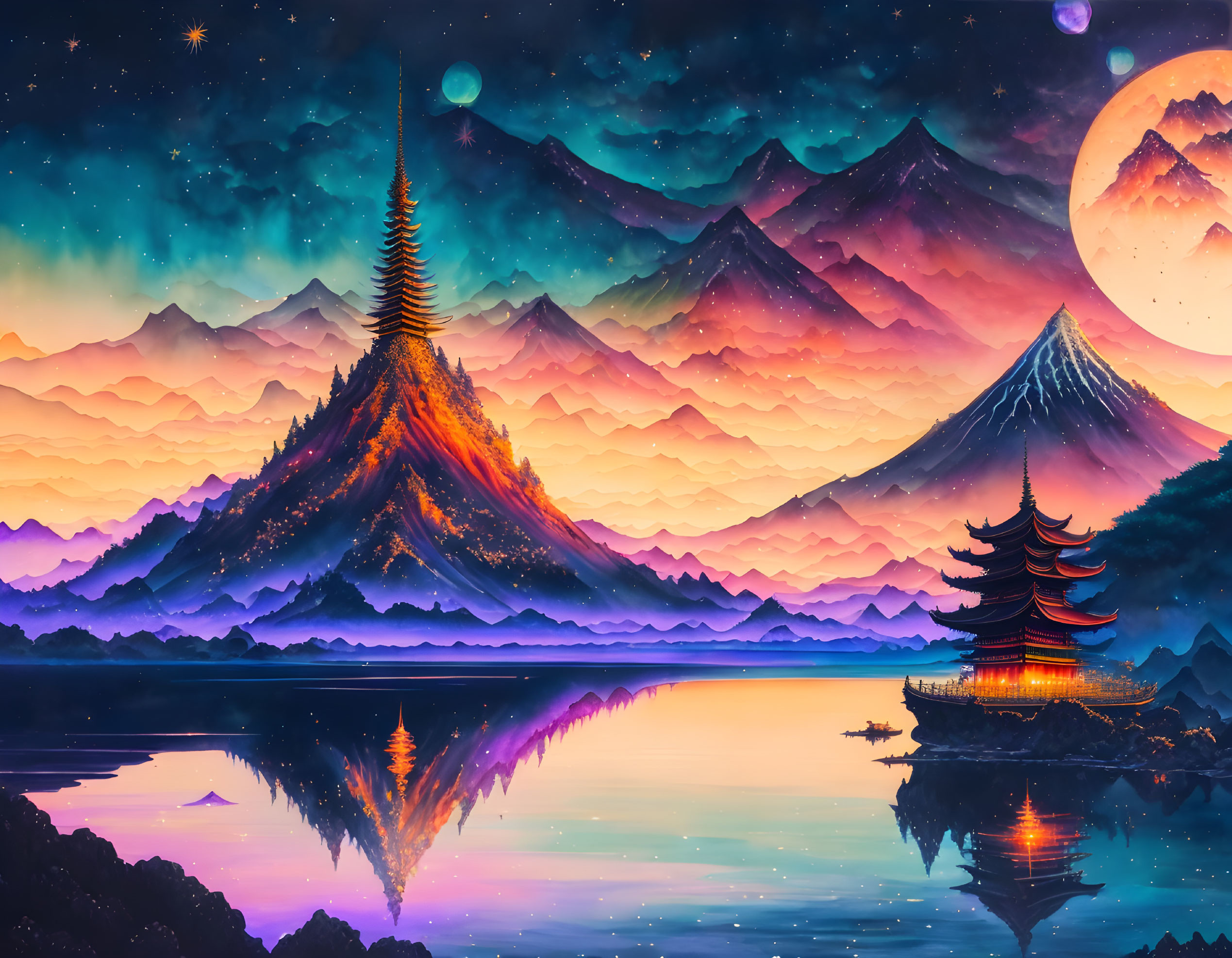 Mystical landscape with mountains, pagoda, lake reflections, starry sky, and moon