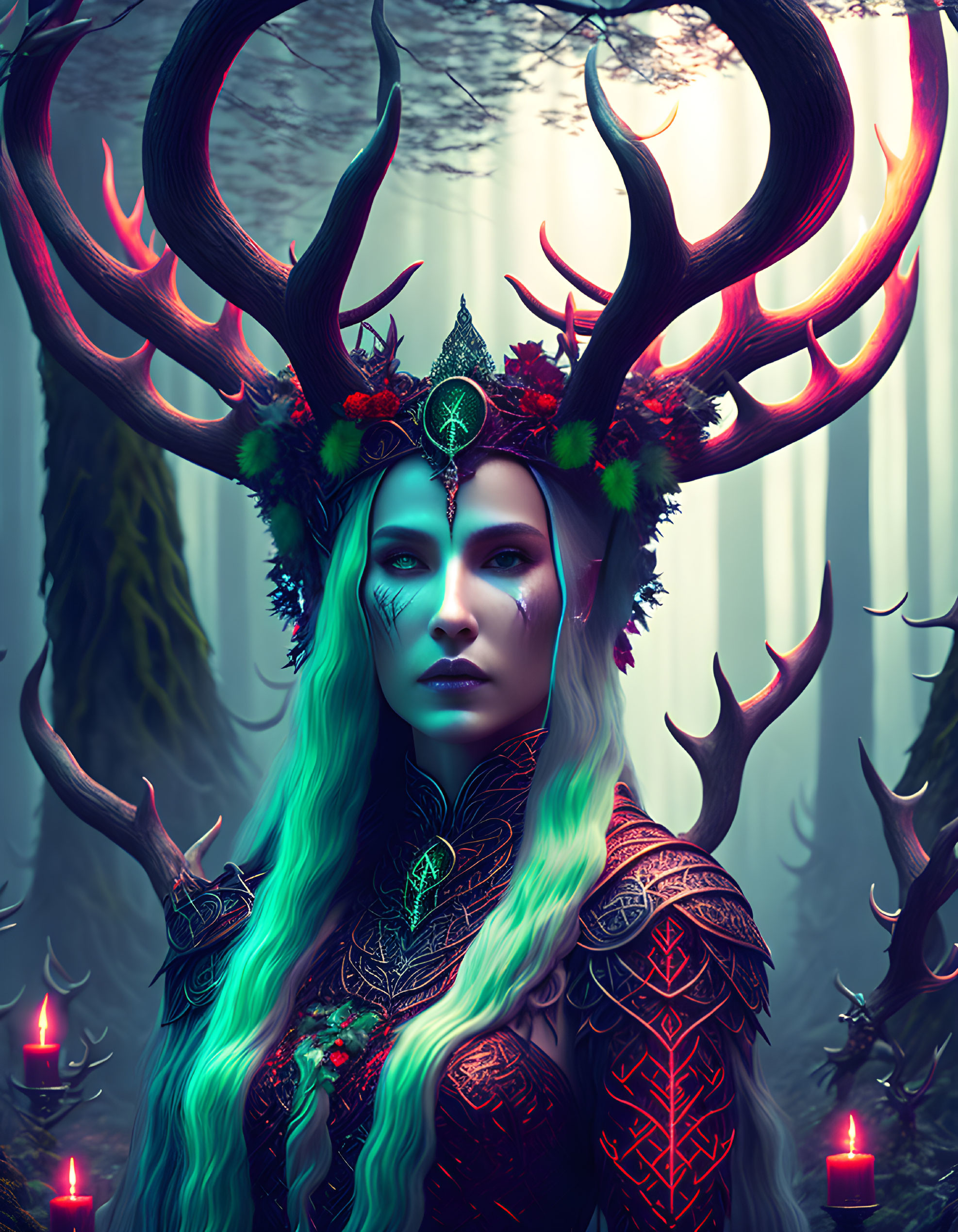 Mystical woman with teal hair and antlers in foggy forest