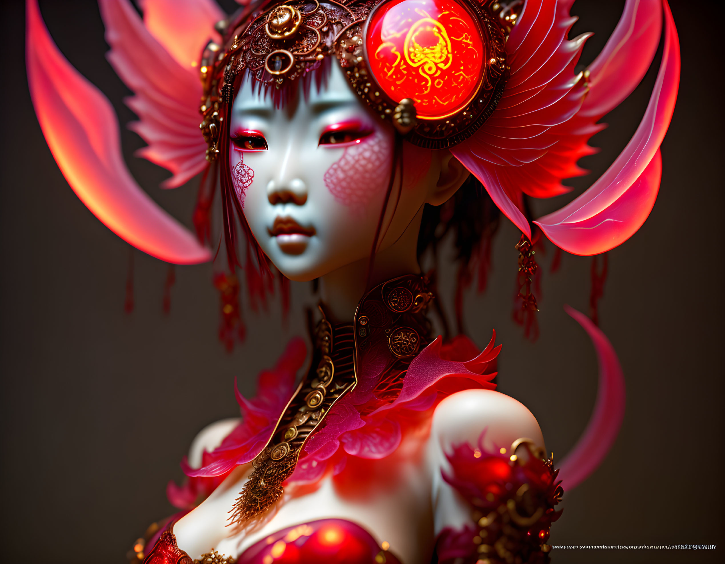 Character with Red and Gold Ornate Headdress, Ethereal Wings, and Intricate Jewelry