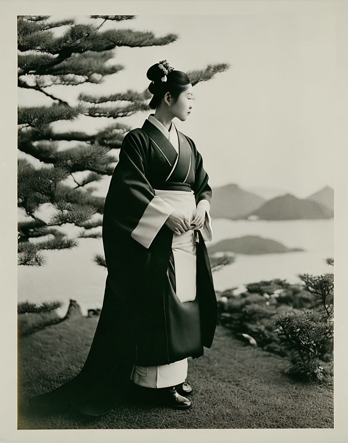 Traditional Japanese woman under pine tree by calm lake & mountains