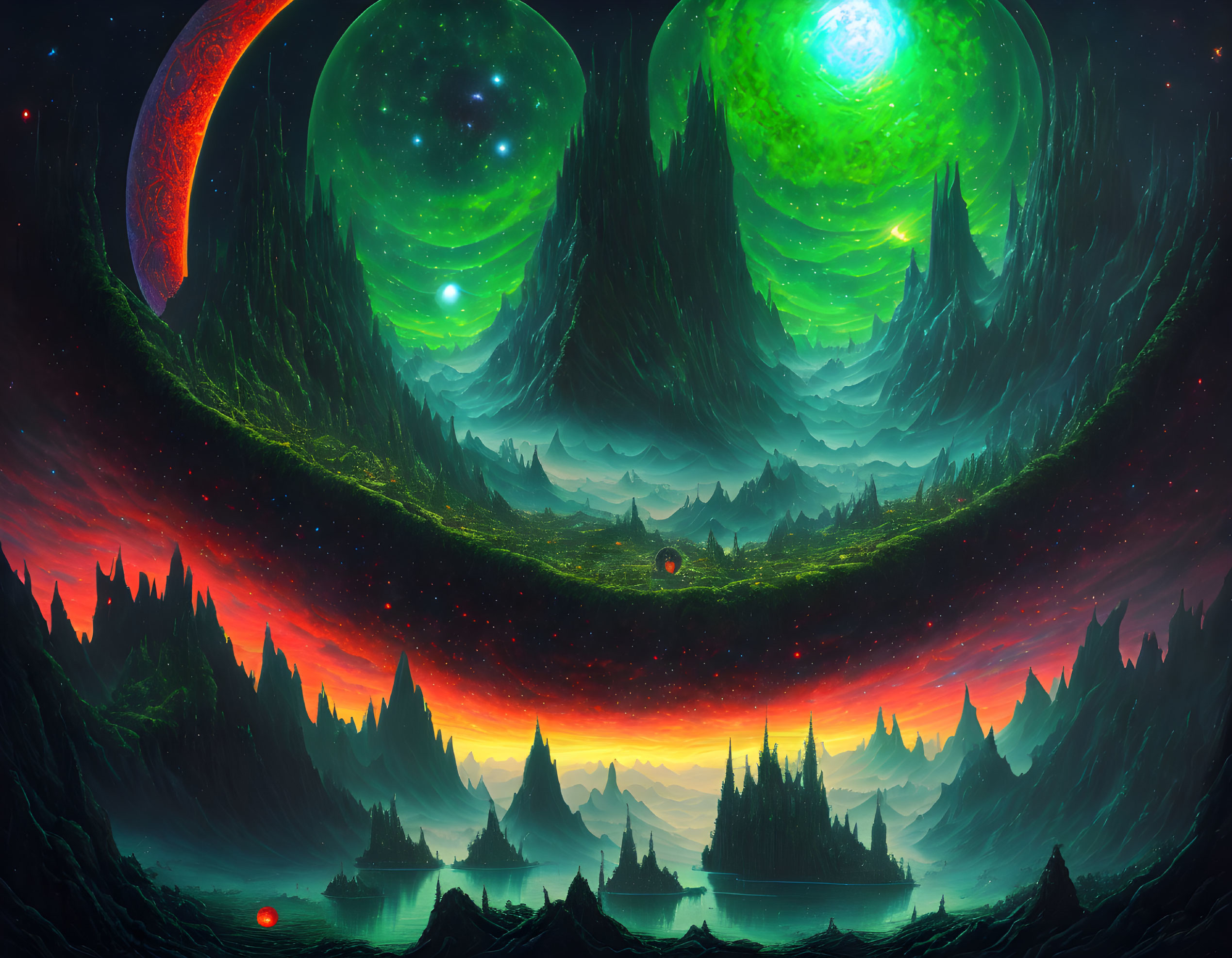 Vibrant green auroras, red moon, luminescent bodies, and jagged mountains in