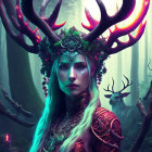 Mystical woman with teal hair and antlers in foggy forest