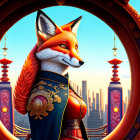 Anthropomorphic fox in traditional attire with Asian cityscape background