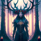 Enigmatic woman with antlers in mystical forest