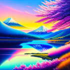 Digital artwork: Serene lake, snow-capped mountains, colorful foliage, pink blossoming tree