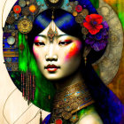 Colorful digital artwork: Woman with ornate halo, floral and mechanical mix, abstract background