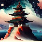 Traditional Asian Pagoda on Cliff with Red and Black Sky above Sea