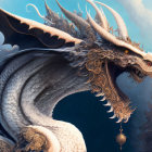 Person facing majestic white dragon in misty mountainous backdrop