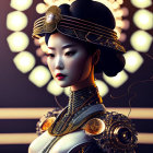 Elaborate 3D illustration of woman with golden mechanical accessories