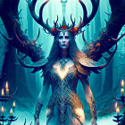 Mystical forest queen with antler crown and glowing candles