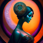 Profile view of woman with blue skin and ornate gold headdress in swirling orange and blue tones