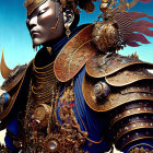 Detailed Warrior Artwork in Golden & Blue Armor with Red Plume