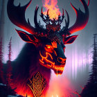 Mystical glowing red stag in misty forest with candlelight