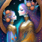 Ethereal beings with elaborate hairstyles and ornate clothing in celestial setting