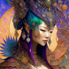 Ethereal woman with ornate headgear and celestial motifs