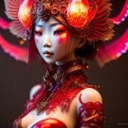 Character with Red and Gold Ornate Headdress, Ethereal Wings, and Intricate Jewelry