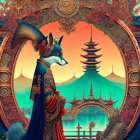 Anthropomorphic fox in traditional attire with pagoda and mountain backdrop