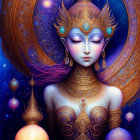 Celestial female figure with gold and violet adornments in cosmic setting