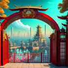 Traditional red Chinese gate and mystical city skyline illustration.