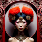 Vibrant red hair woman with elaborate headdress and jewelry.