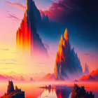 Fantastical sunset landscape with rock formations, lake, and traditional architecture.