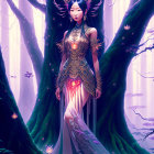 Regal figure in gold and foliage dress in mystical forest