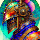 Detailed steampunk samurai illustration in vibrant blues and golds