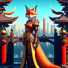 Anthropomorphic fox in traditional armor on bridge with ancient-meets-modern cityscape.