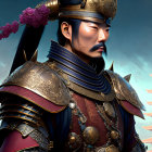 Asian warrior digital artwork: ornate armor, golden designs, stern expression, blossoming sky.