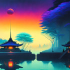 Tranquil Asian landscape with pagodas, lake, twilight sky, and moon