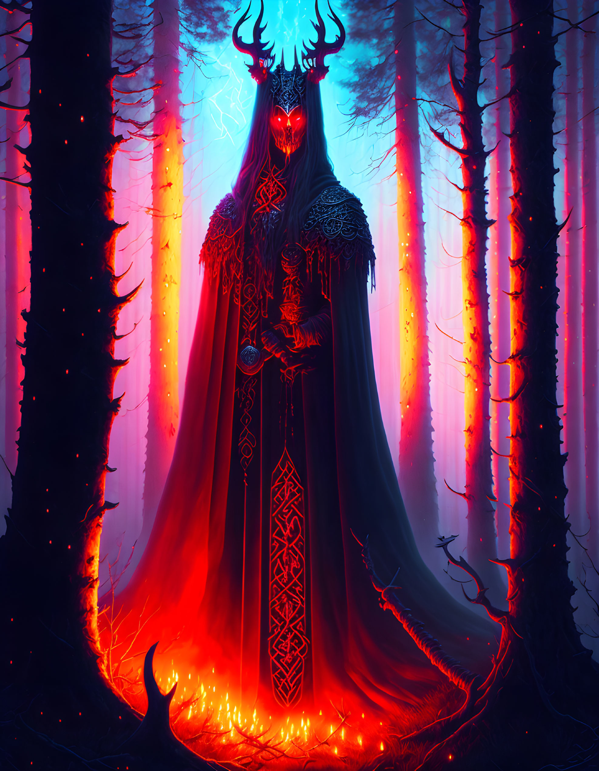 Mystical figure with horns in dark forest with red and blue lighting