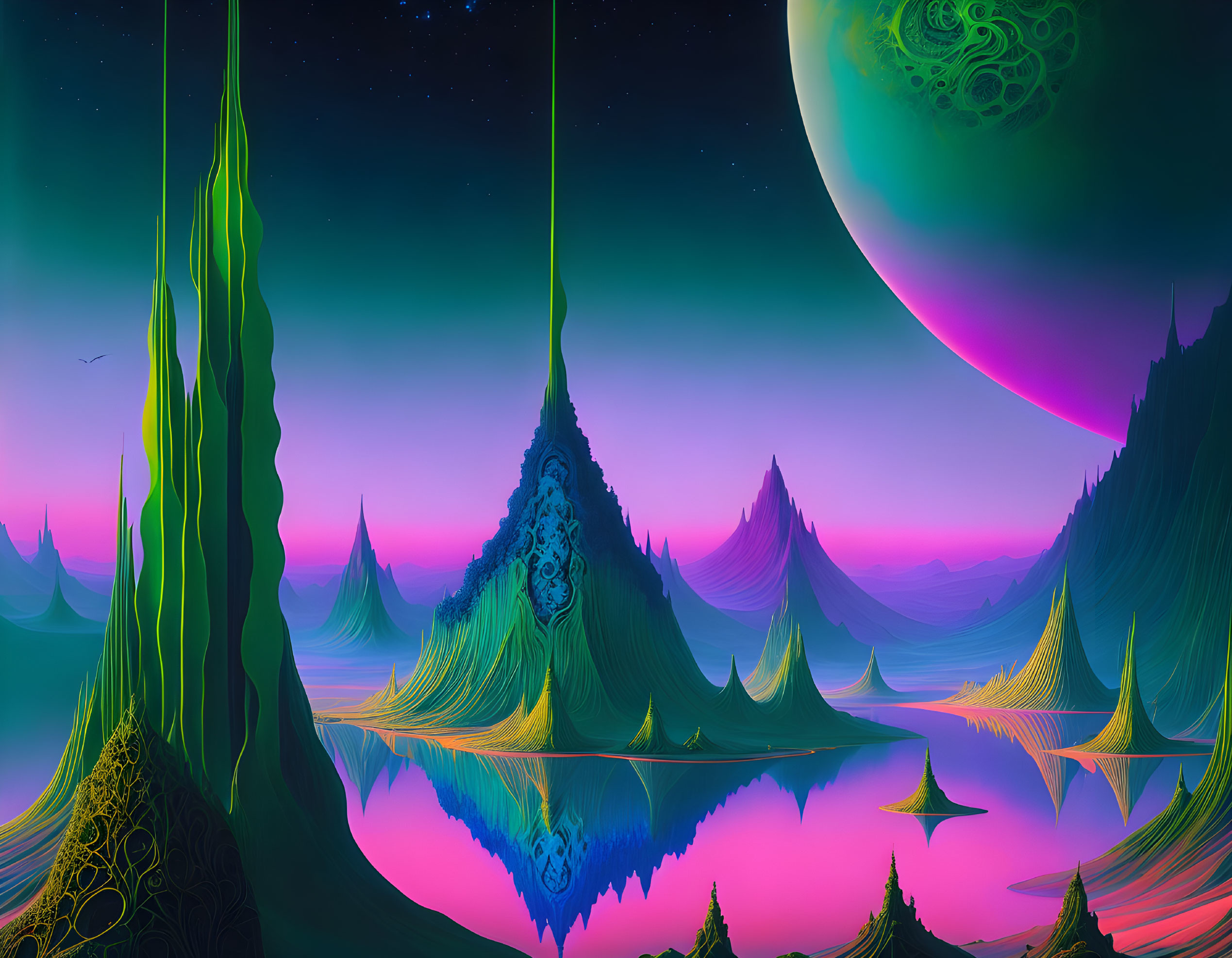 Alien landscape with green spires, moon, mirrored waters, starry sky