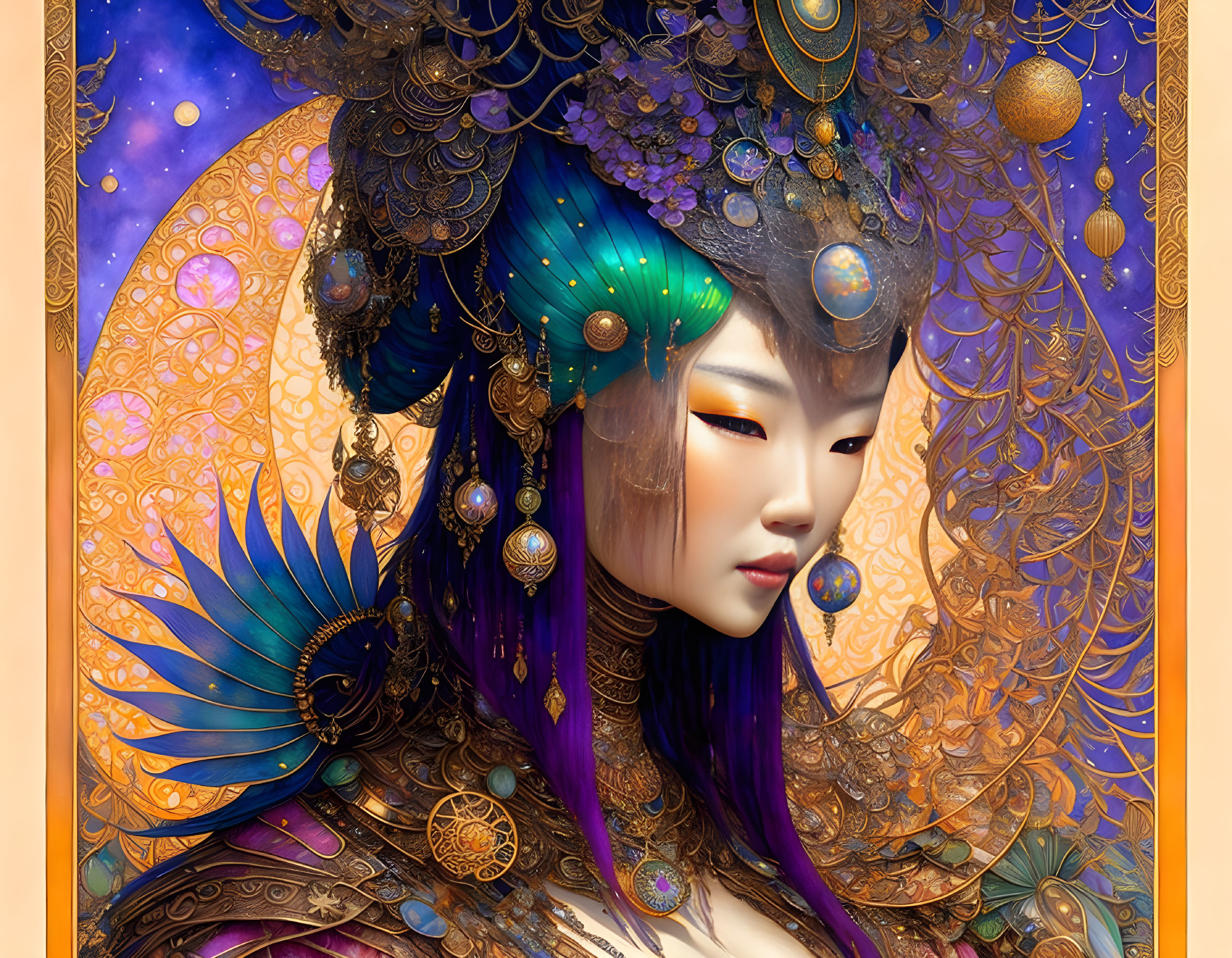 Ethereal woman with ornate headgear and celestial motifs