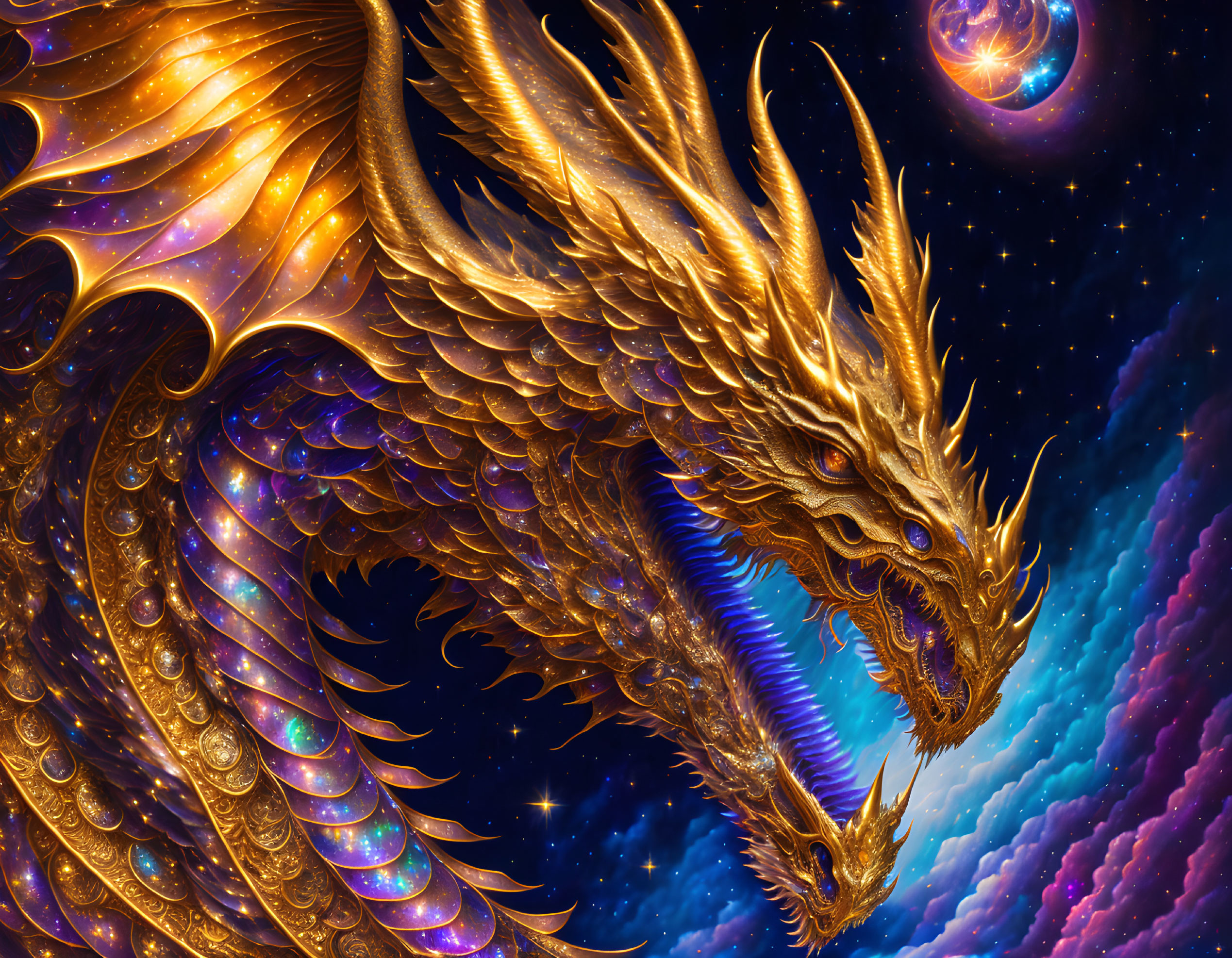 Golden dragon with feather-like wings in cosmic sky