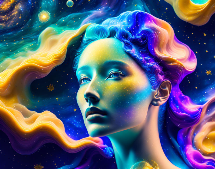 Cosmic-themed digital portrait of a woman with blue and gold swirling hair