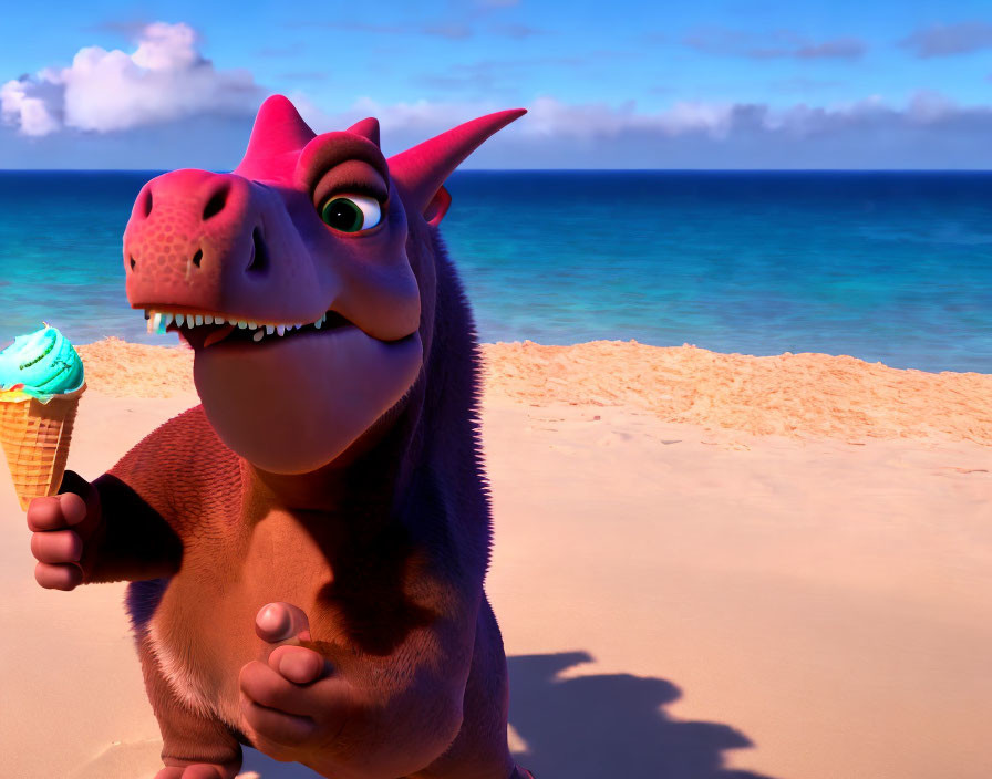 Colorful animated dragon with ice cream on sunny beach