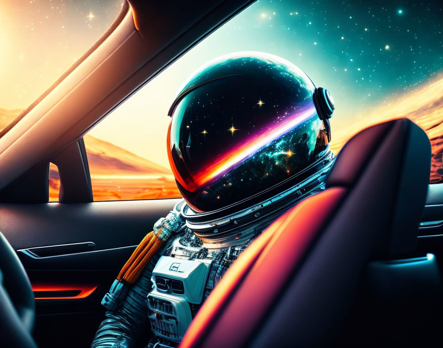 Astronaut in Car with Cosmic Helmet and Starry Landscape