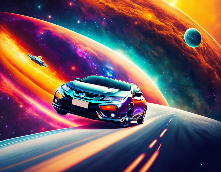 Futuristic car speeding on galactic highway with vibrant planets and colorful nebula